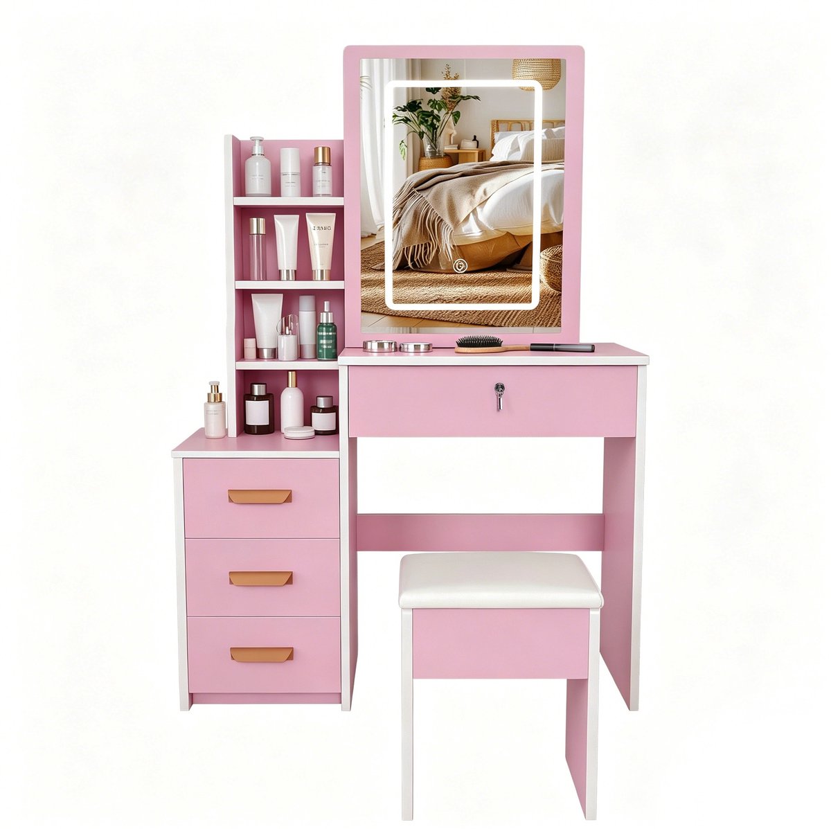 YYchan kaptafel - roze - 85 x 36 x 130 cm - met opbergruimte - met LED-verlichting