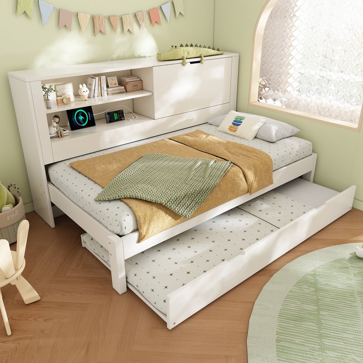 KOMHTOM - Slaapbank Eenpersoonsbed - 90x200 cm - Uitschuifbed 90x190 - Wit Bedframe - Opbergruimte - Open Vak - USB/USB-C-oplaadstation - Lattenbodem
