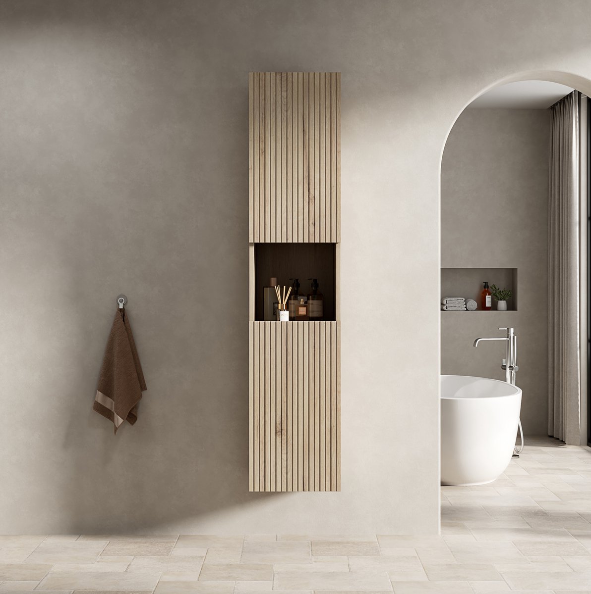 OKWISH Badkamer-Wandkast – Smalle Opbergkast Met 2 Deuren En Open Vak – Voor Badkamer, Woonkamer Of Wasruimte – Multiplex White Oak – 35x35x160 cm