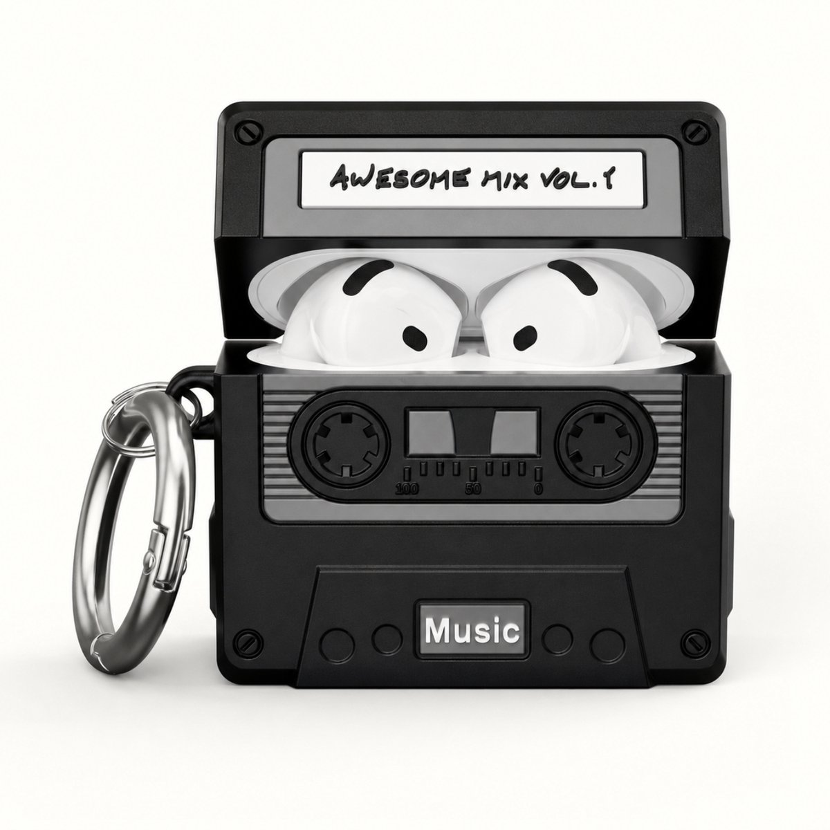 Enluxe Case geschikt voor Airpods 4 - Retro Cassettebandje Zwart - Siliconen 3D Hoesje met Karabijnhaak Hoesje