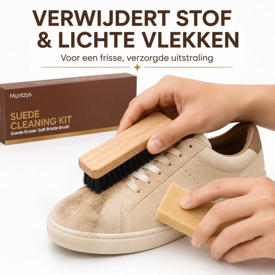 Handen gebruiken suède borstel en gum op beige sneaker om stof en lichte vlekken te verwijderen.