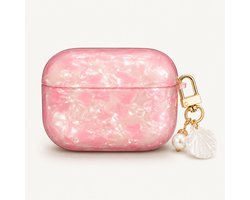 Enluxe Case geschikt voor Airpods 4 - Roze Parelmoer Shell - Glanzend Hoesje met Parelhanger, Schokbestendig Hoesje