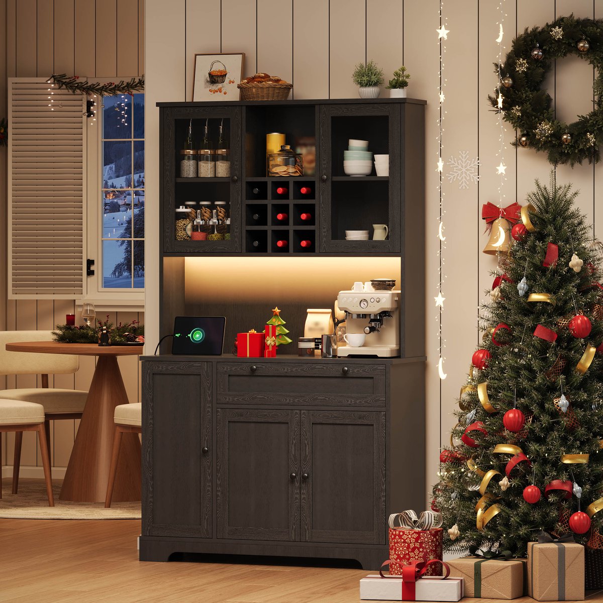 COVREO Keukenkast 180 x 105 x 40 cm - zwart, met LED-verlichting, stopcontact en glasdeuren