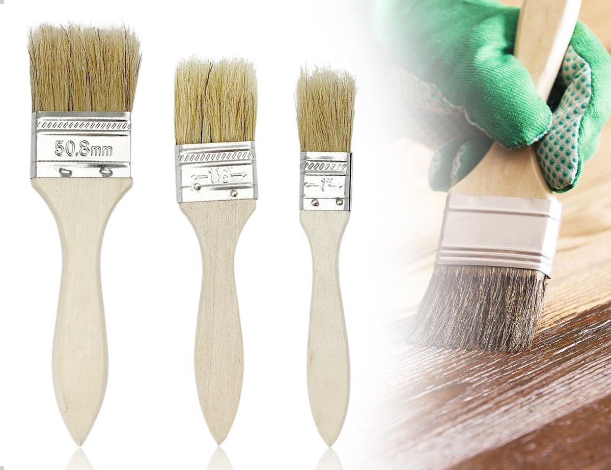 Set van 3 Platte Kwasten met Houten Handvat voor Schilderen, Knutselen en Decoratie (1/1.5/2 inch)