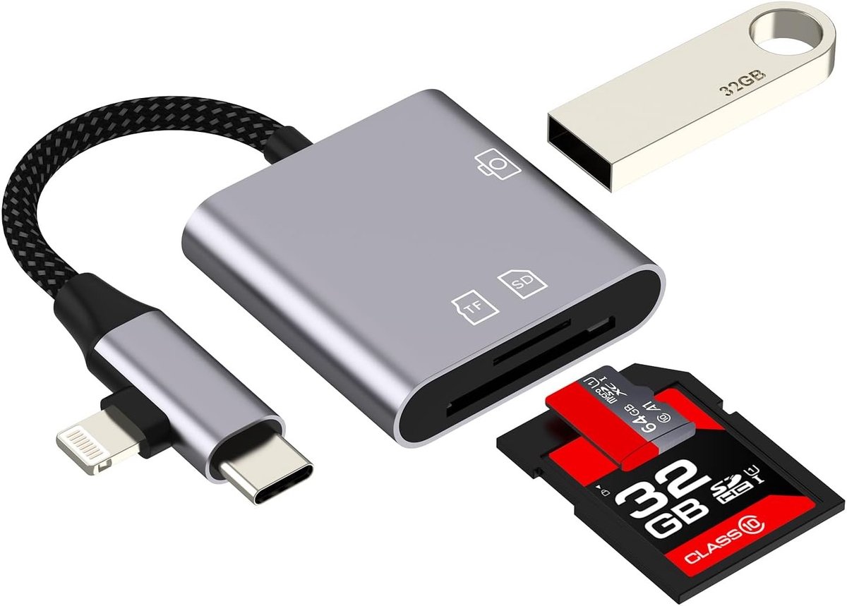 Kaartlezer voor SD-kaarten en Micro SD voor iPhone en iPad, USB C en Lightning OTG-adapter voor Samsung Galaxy en andere smartphones