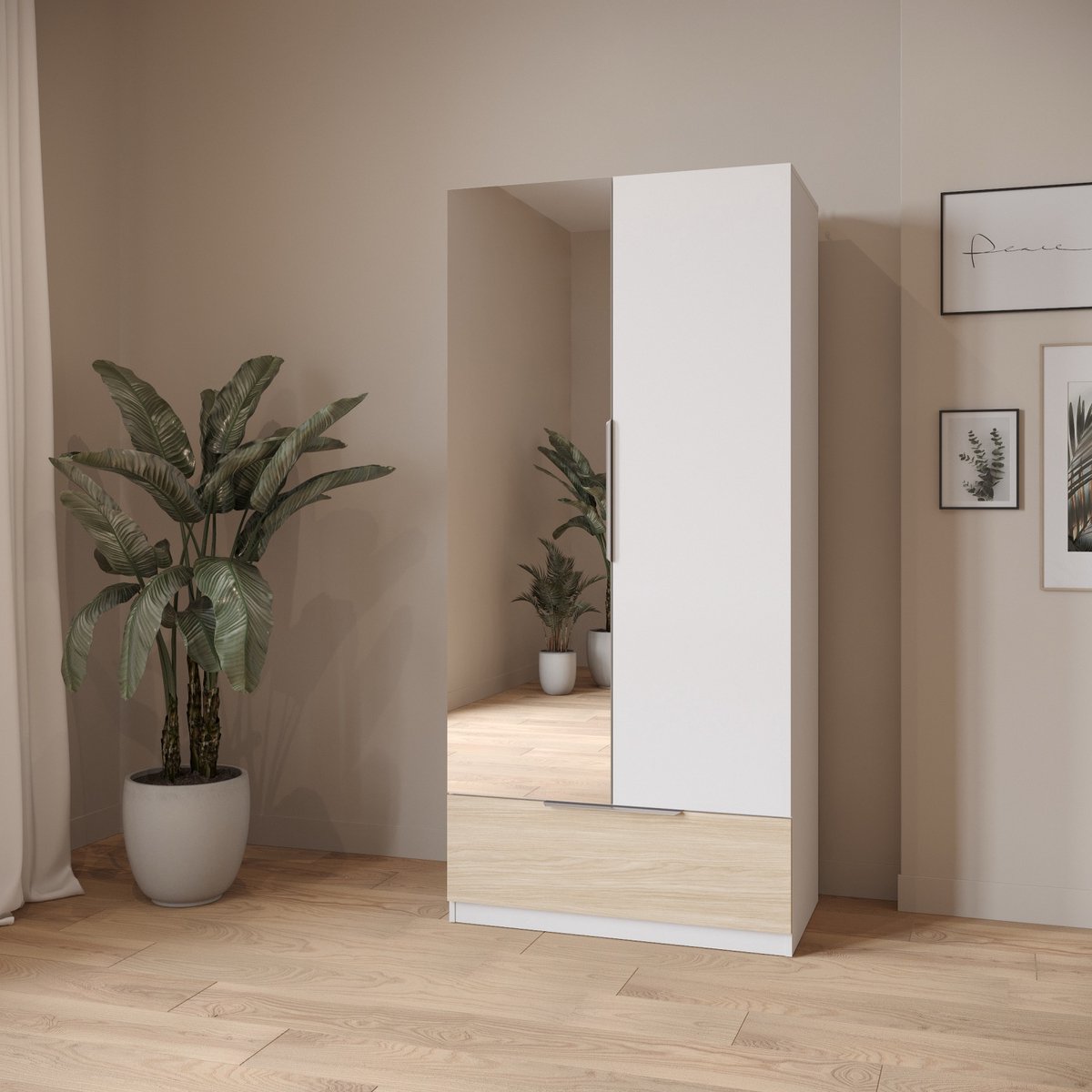 CBA MERYL kledingkast - 2 deuren - Spiegel - 1 lade - Kledingroede - 4 legplanken - Wit & Amaya eik - 90 x 52 x 193 cm