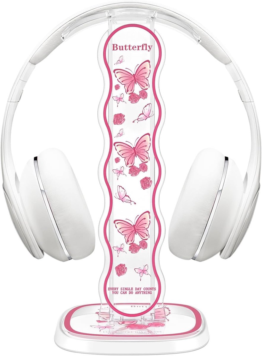 Stabiele Hoofdtelefoonstandaard met Afneembare Basis, Draagbare Desk Holder, Roze Vlinderontwerp voor Vrouwen, Acryl Hoofdtelefoonhouder voor Gaming, Muziek en Thuisgebruik