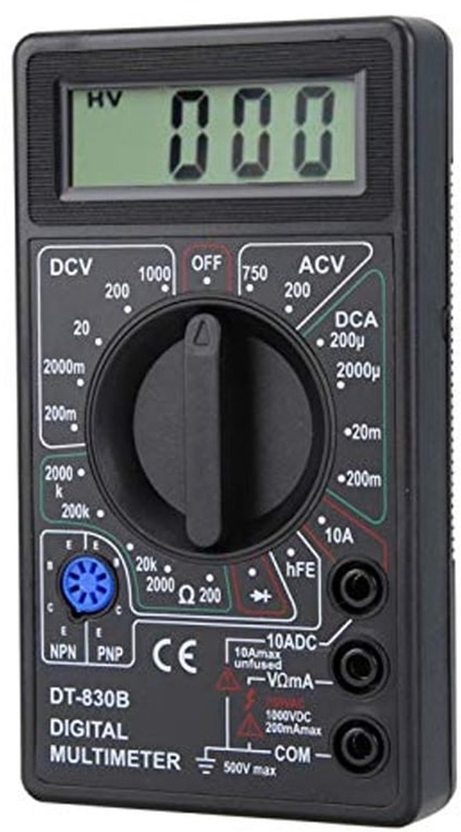 Digitale LCD-multimeter, wissel-/gelijkspanningsmeting, kunststof digitale multimeter, rubberen isolatie en antislip voor laboratoria en fabrieken (DT-830B zwart)