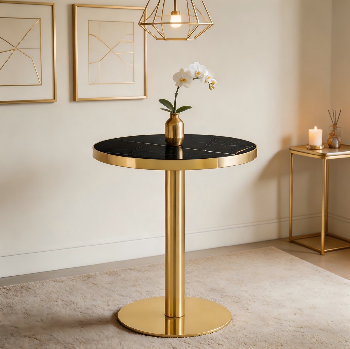 FloraGrace Bijzettafel - Ronde Tafel Met Marmerlook En Gouden RVS Rand - Voor Woonkamer Of Slaapkamer - MDF - 60 x 74 Cm - Zwart
