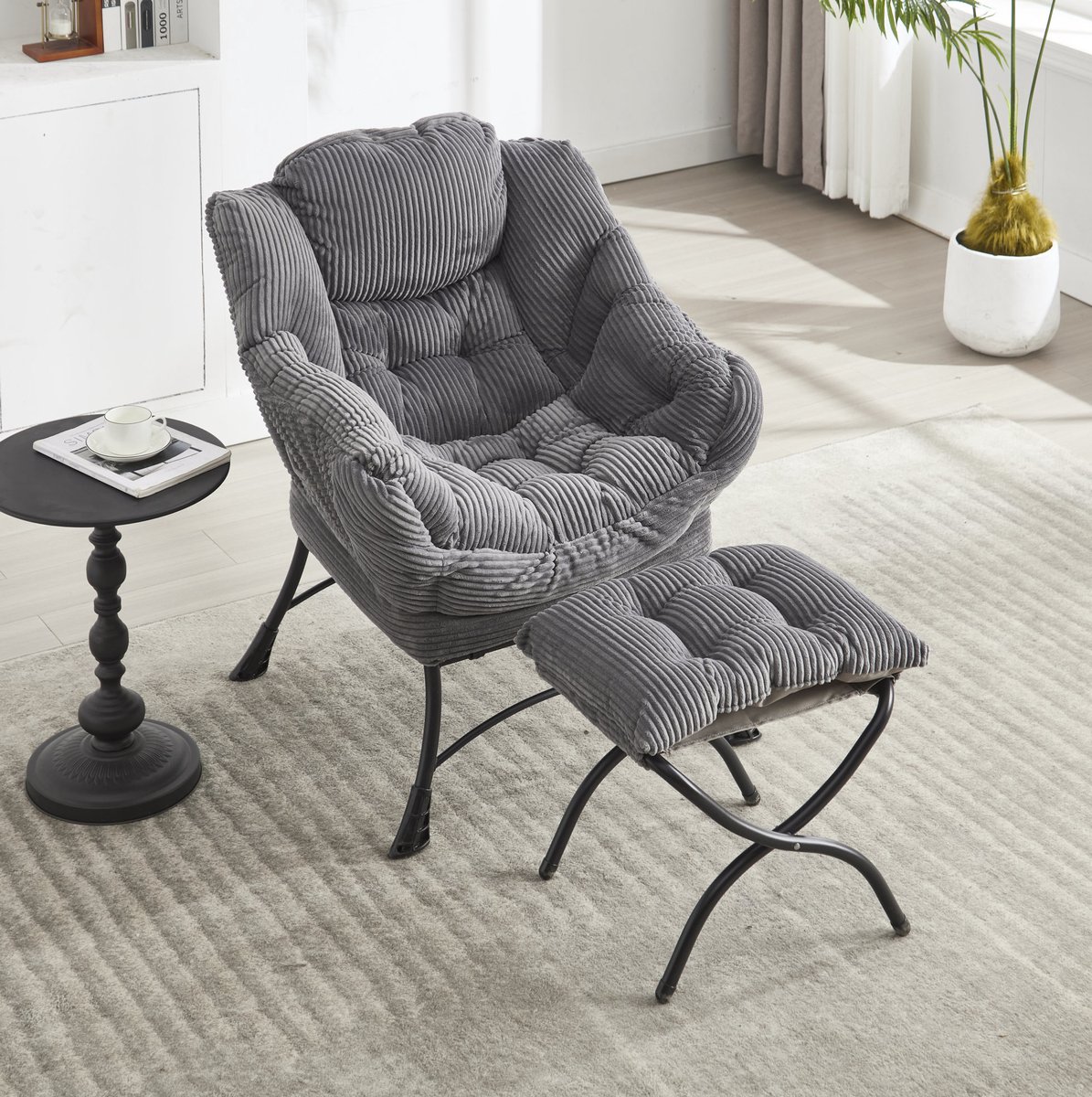 FloraGrace Fauteuil met Hocker - 1-Zits Relaxstoel met Armleuningen en Zijvak - Comfortabel Ontspannen in Woonkamer of Slaapkamer - Fluweel - Grijs