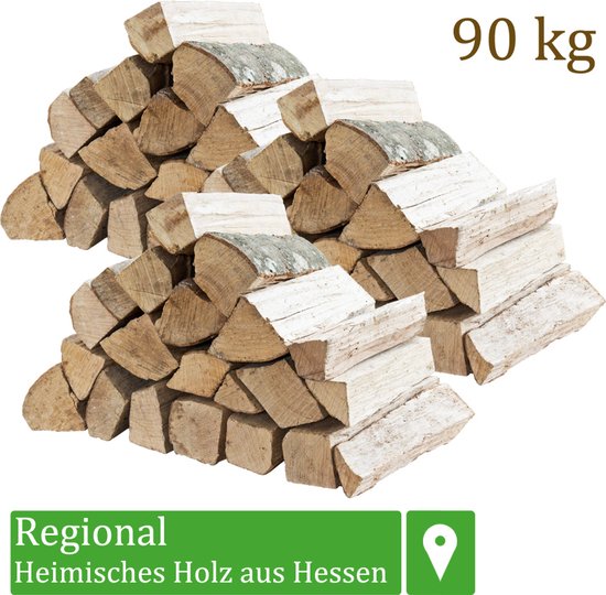 Stapel brandhout van 90 kg, lokaal hout uit Hessen, bestaande uit vele houten blokken met bast.