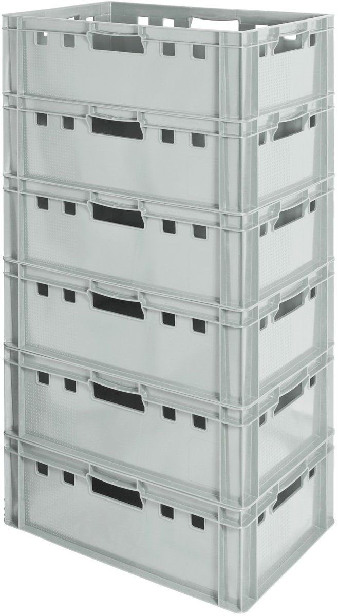 6 E2 vleeskratten, voedselveilige Euroboxen, slagerskratten, opbergdozen, plastic trays, stapelbare opbergkratten, 60 x 40 cm, grijs, Kingpower