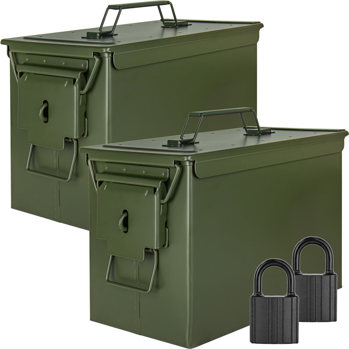 Trucky Set van 2 munitiekisten met slot – Metalen opbergkisten met deksel – 33 x 19 x 23 cm – Legergroen metaal