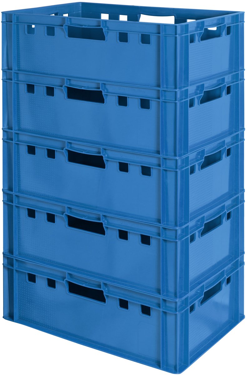 5 E2 vleeskratten, voedselveilige Euroboxen, slagerskratten, opbergdozen, plastic trays, stapelbare opbergkratten, 60 x 40 cm, blauw, Kingpower