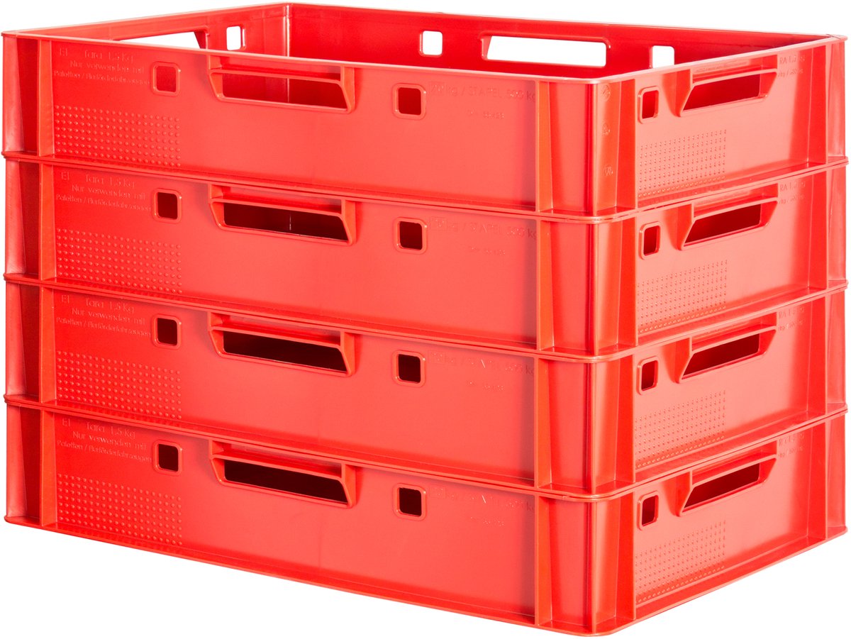 4x E1 Vleeskratten, Rood, Eurobox, Voedselveilig, Slagerskist, Opbergdoos, Plastic Bak, Stapelbaar, 60 x 40 cm, Kingpower