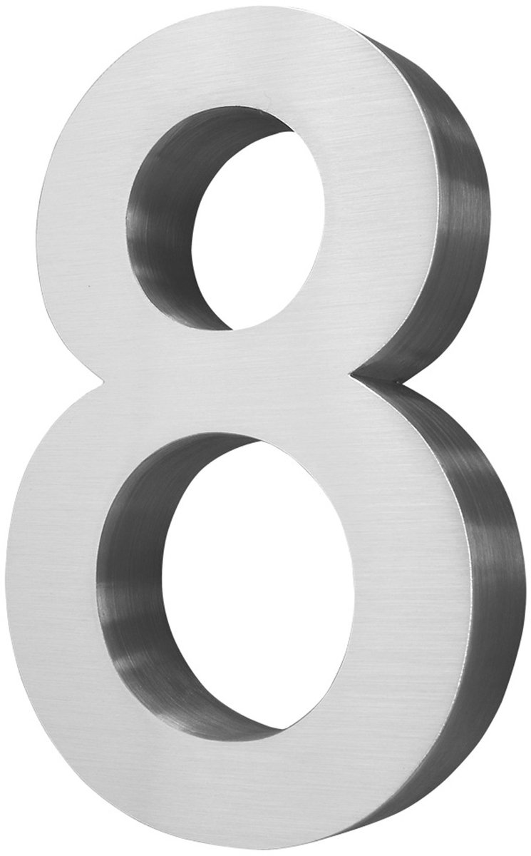Roestvrijstalen huisnummer – 20 cm groot – Huisnummer 8 – Geborsteld 3D Arial-lettertype – V2Aox