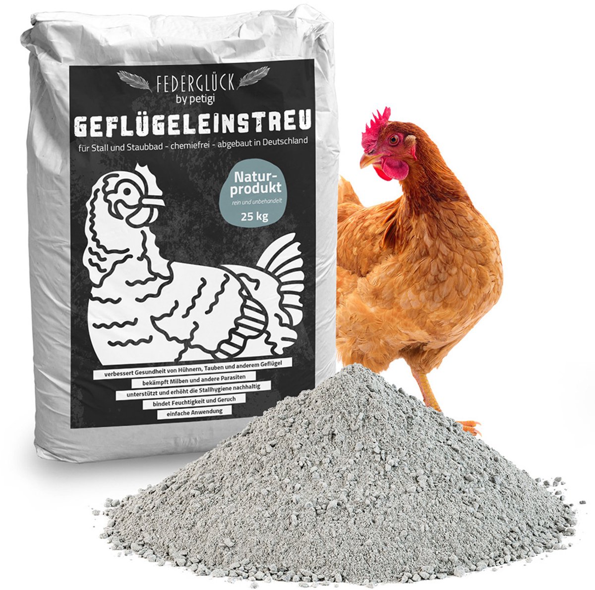 Petigi Feather Bliss Stofbad voor Kippen, Duiven en Pluimvee - 100% Natuurlijke Mijtbescherming, 25 kg, voor Mijtbestrijding, Droogbad en Mijtbehandeling