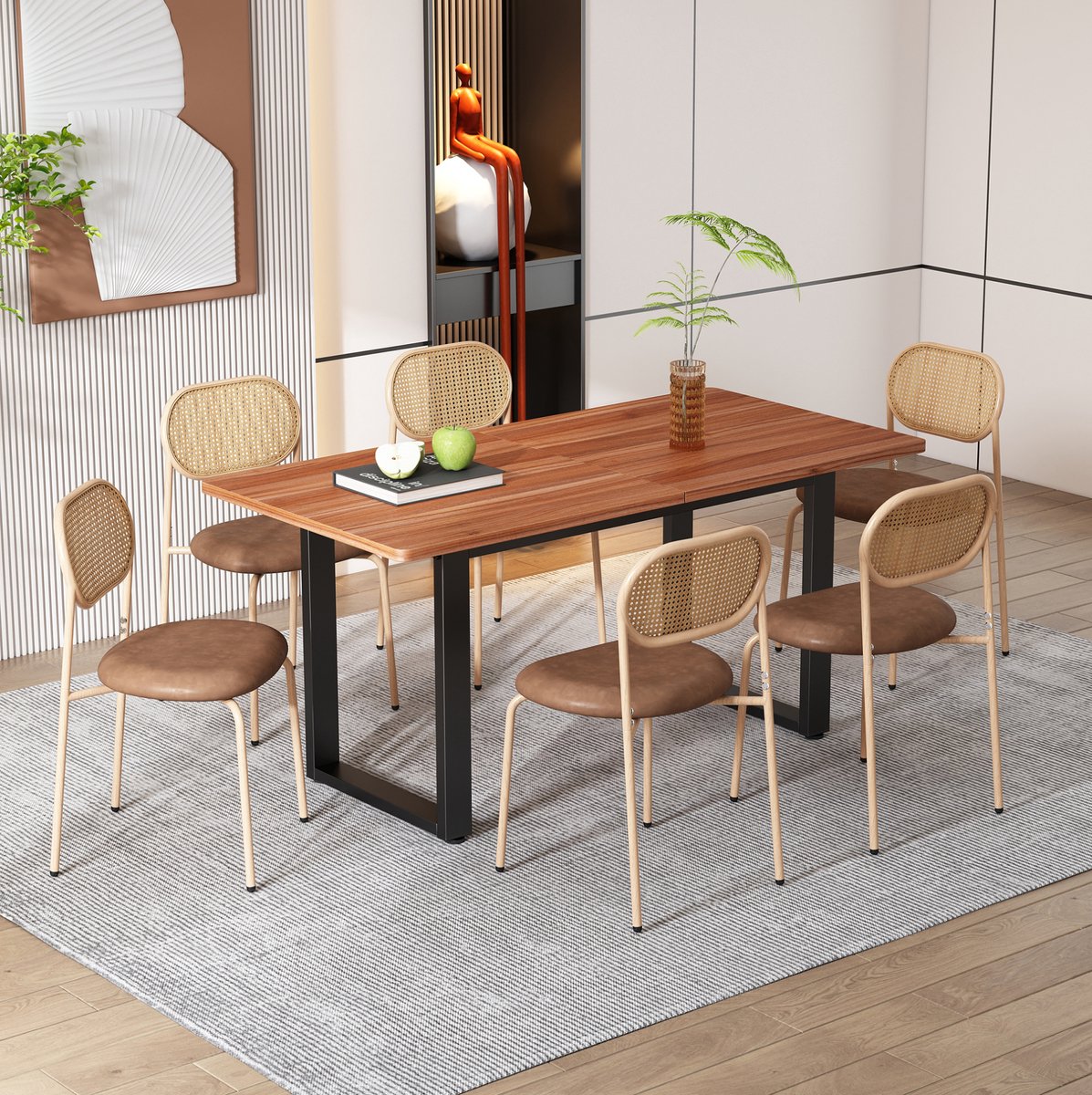 FloraGrace Eetkamerstoel – Natuurlijke Rotan Rugleuning – Set Van 6 – Kunstleren Zitting Met Metalen Poten – Voor Eetkamer Of Horeca – Bruin