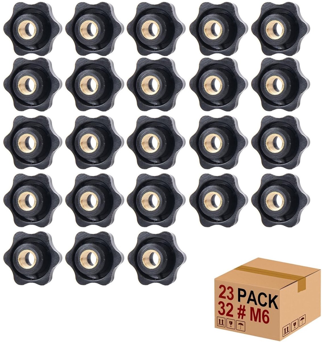 Set van 23 M6 x 32 mm Gripmoeren met Sterkop, Knop en Doorgangsgat voor Machines en Bevestigingen