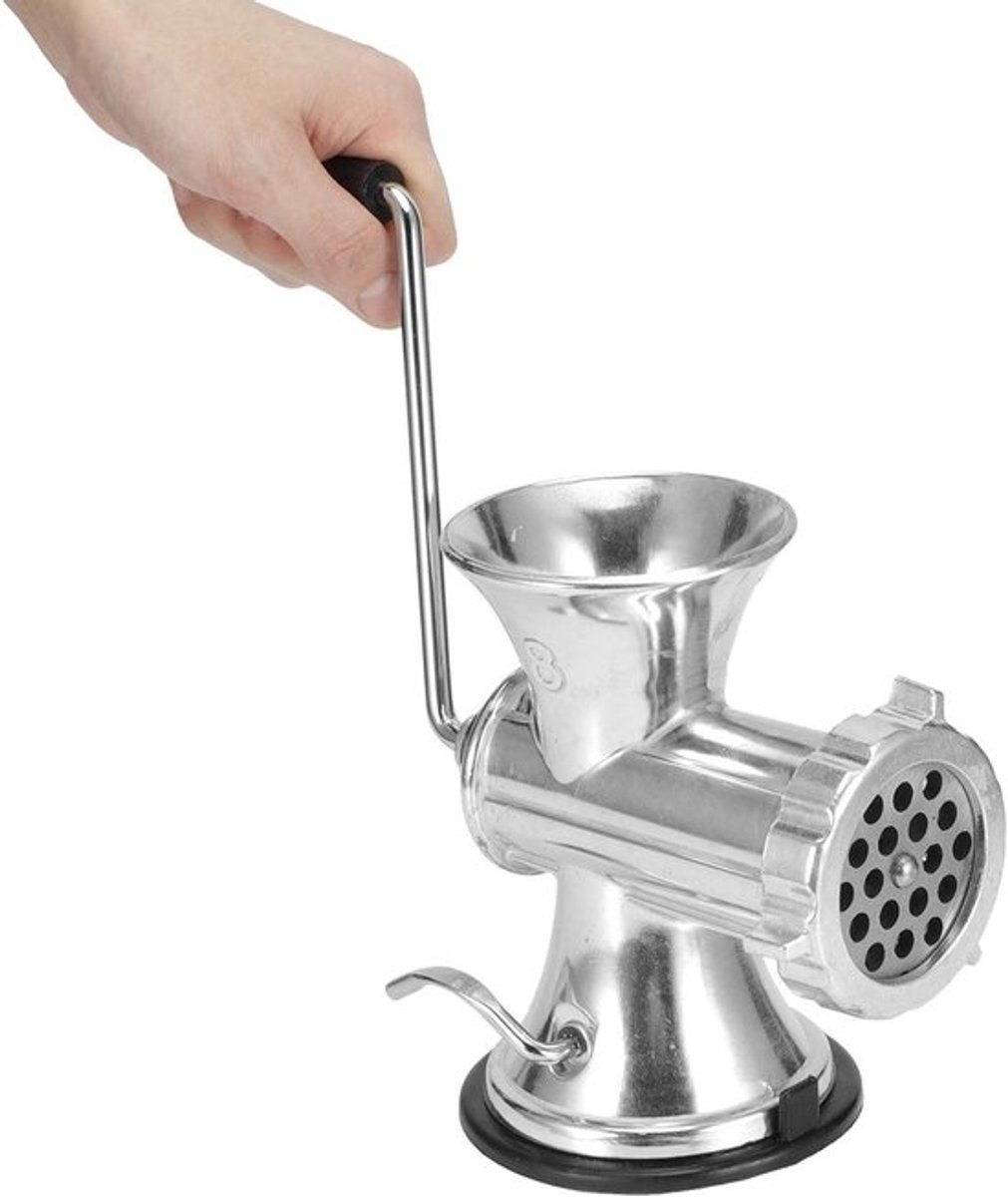 Handmatige Aluminium Vleesmolen met Zuigvoet - Voor Worst en Vulling - Zilver - 17 x 17 x 12 cm