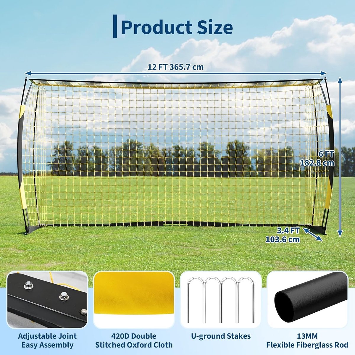 Triumpunpre Groot opvouwbaar voetbaldoel, 365 * 183 * 100 cm, voetbaldoel voor buiten, inclusief accessoires, snel te monteren, voor tieners en volwassenen, voor voetbaltraining