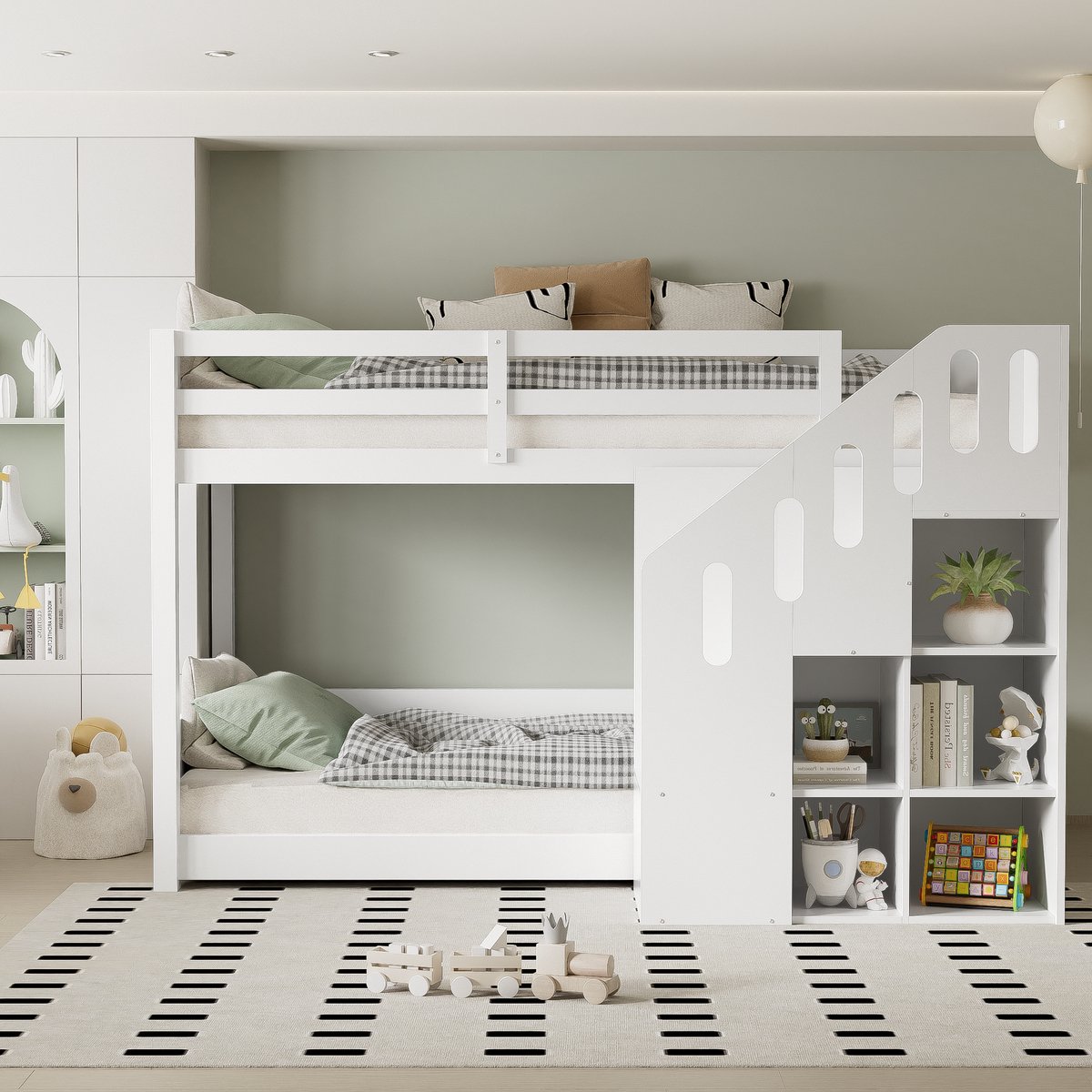 StapelBed 90 x 200 cm – met opbergtrap – wit – voor kinderkamer en tienerkamer – praktisch ruimtebesparend ontwerp – praktische slaapoplossing voor dagelijks