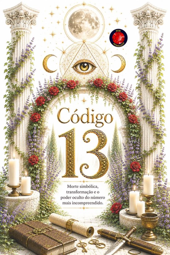 Livre "Código 13" avec un œil, la lune et le 13 dans un style gothique. Entouré de roses, de lierre et de colonnes.