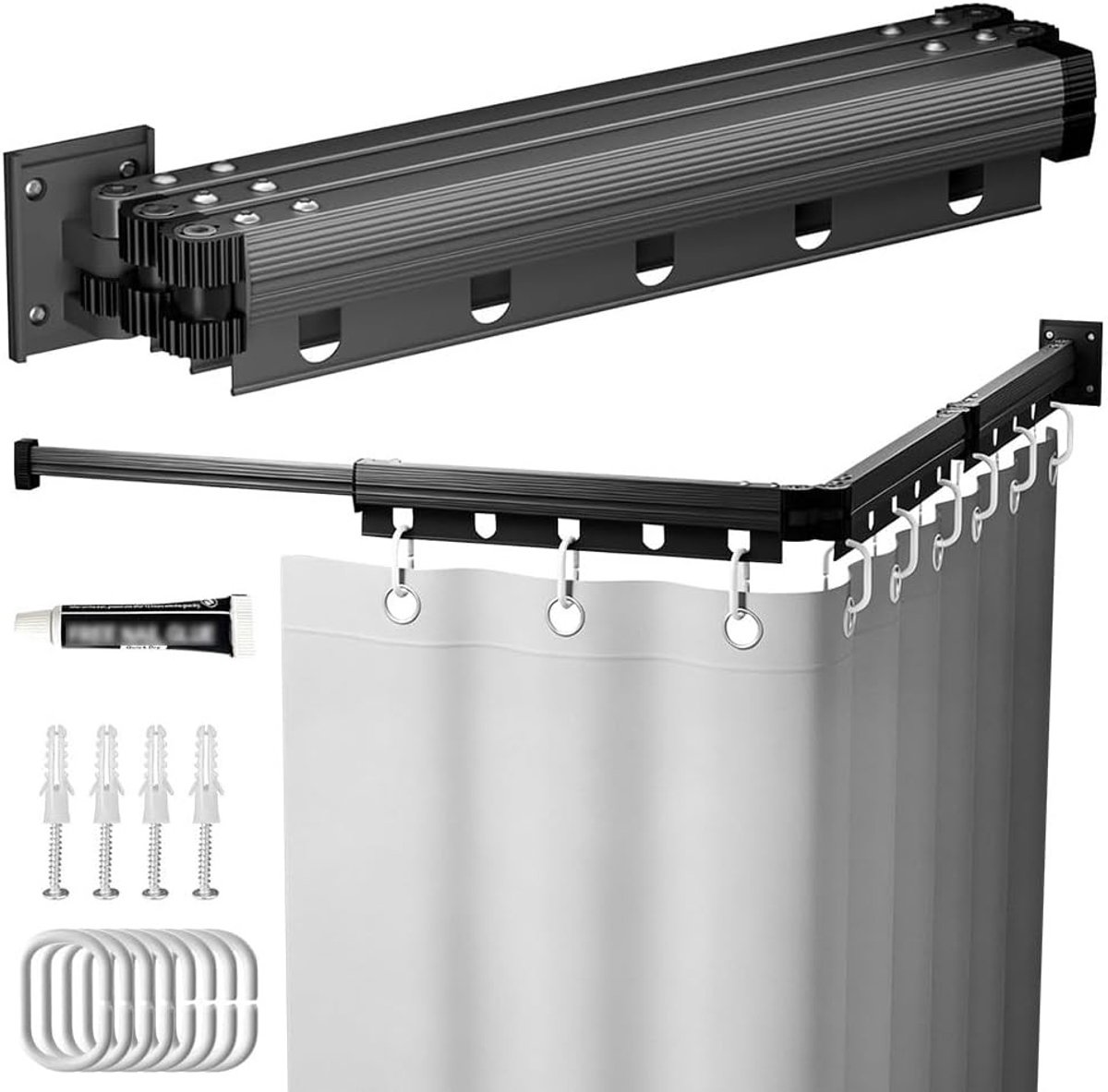 Vouwbare Douchgordijn met Verstelbare Hoekfunctie, Waterdicht en Suction Cup Model, Grijs, Ideaal voor Kleine Badkamers en Ruimtebesparing