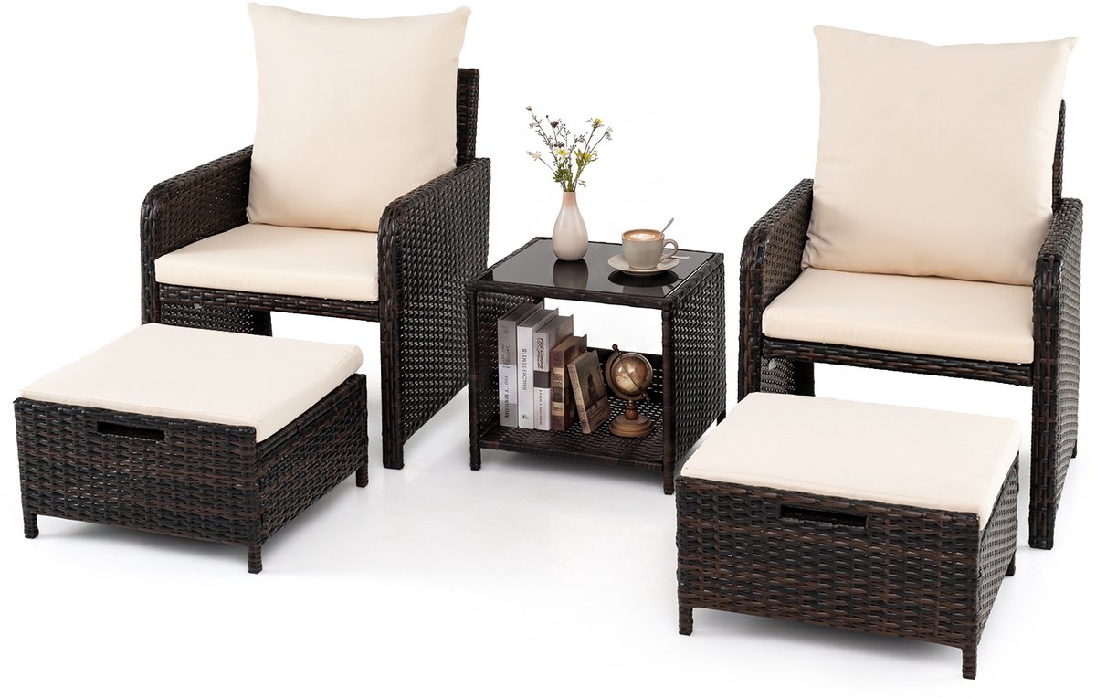 COSTWAY 5-delige balkonmeubelset, tuinmeubelen van PE-polyrotan, balkonset incl. 2 stoelen met kussens, kruk en tafel, terrasmeubels, tuinset, zitgroep voor tuin, balkon, terras