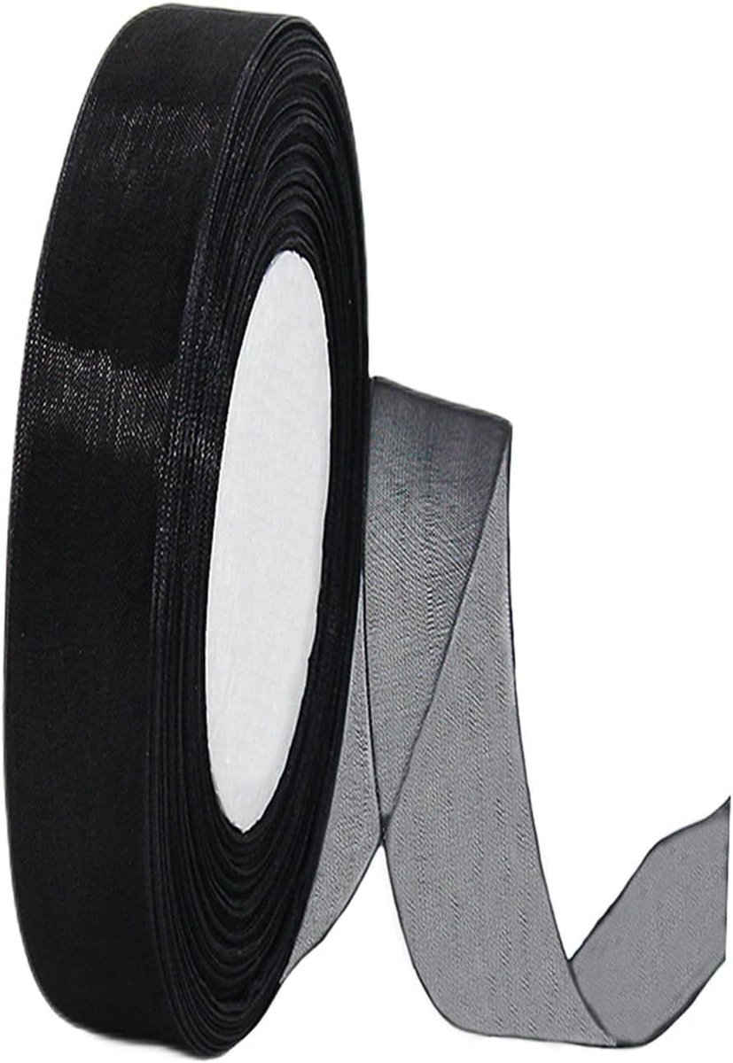 Transparante Zwarte Organza Chiffonlint 15mm voor Cadeauverpakking, Feestdecoratie en Creatieve Knutselprojecten - 45m Lang
