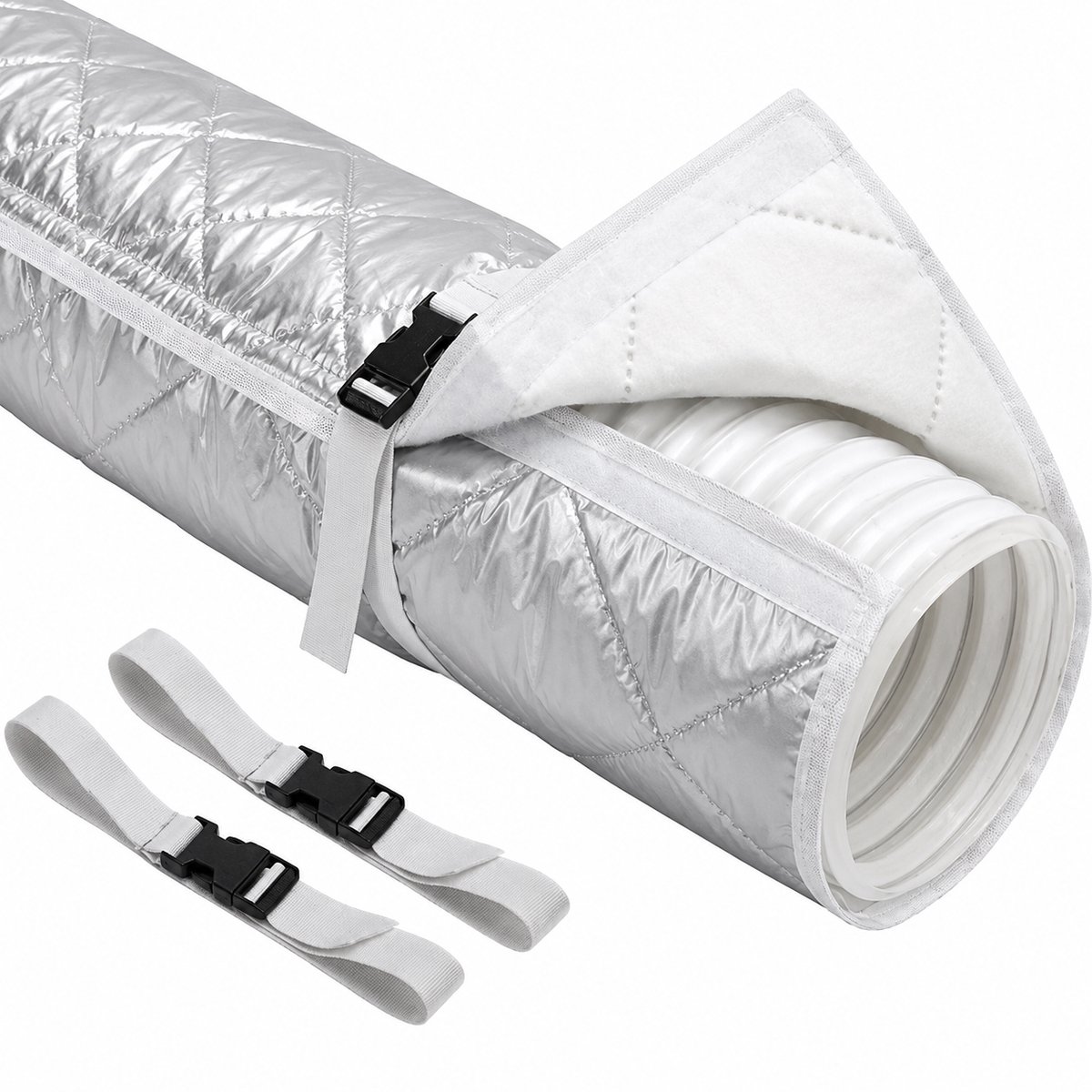 Airco Afvoerslang Isolatiehoes - Isolatiewrap Mobiele Airco - 149,1 x 58,4 cm - Voor Ø 15 cm Slangen - Met 2 Verstelbare Banden - Waterafstotend - Zilver
