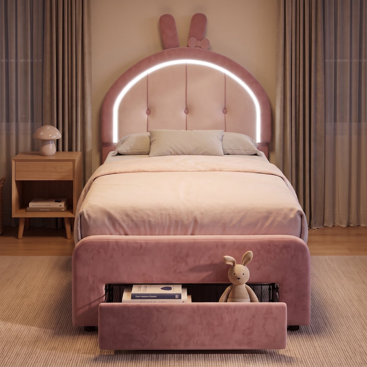 Gestoffeerd Eenpersoonsbed 90x200 cm - Kinderbed met lade en LED - Opbergbed met Verstelbaar Konijnenoren hoofdbord - Fluwelen bed - Roze