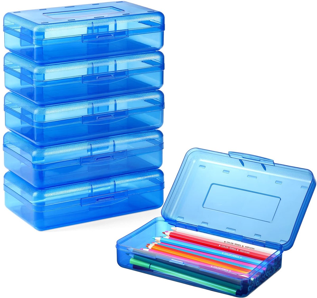 6 Stuks Transparante Opbergdozen met Deksel – Grote Pennendozen voor Schoolspullen – Stapelbare Kunststof Organizer Boxen voor Pennen, Knutselmateriaal en Bureau Opberging – Blauw