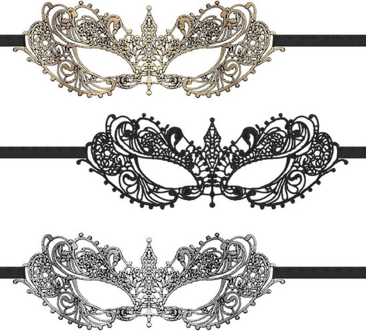 Set van 3 elegante dames maskerade oogmaskers in zwart kant, goud en zilver, ideaal als accessoires voor carnavalsfeesten, Halloween en afstudeerballen