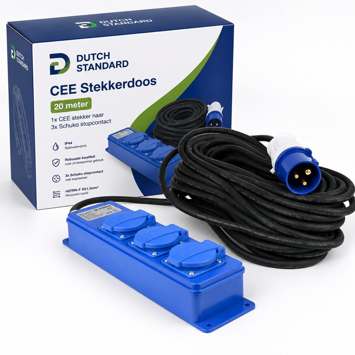 CEE Stekkerdoos 20 Meter – 3x Schuko Stopcontact – IP44 – H07RN-F 3G1,5 mm² – 16A – Voor Camping, Caravan en Camper