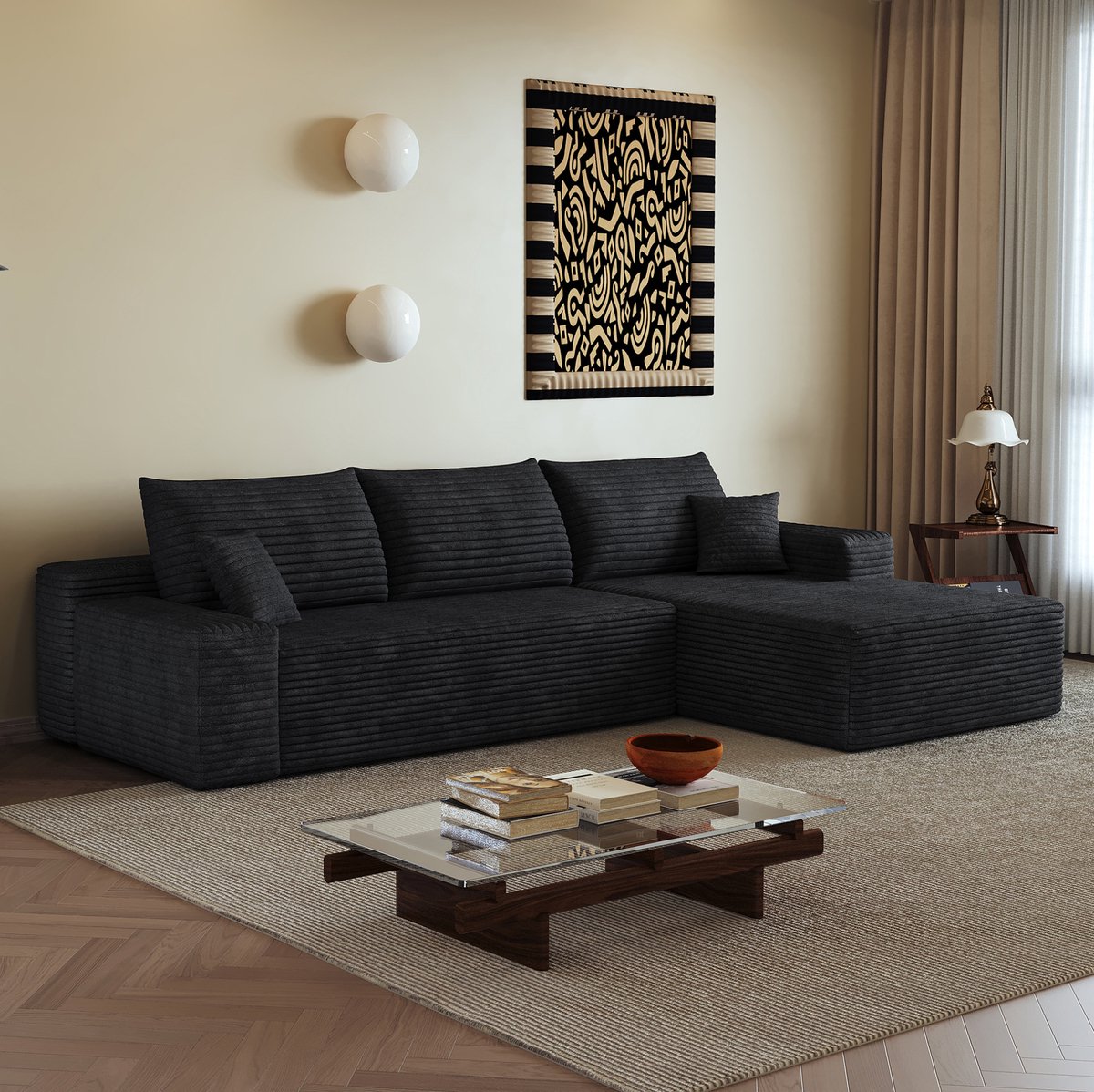 MIVRAY Hoekbank 270 x 175 cm - Modulaire L-Vormige Chaise Longue Zonder Montage - Voor Woonkamer En Slaapkamer - Stof Zwart