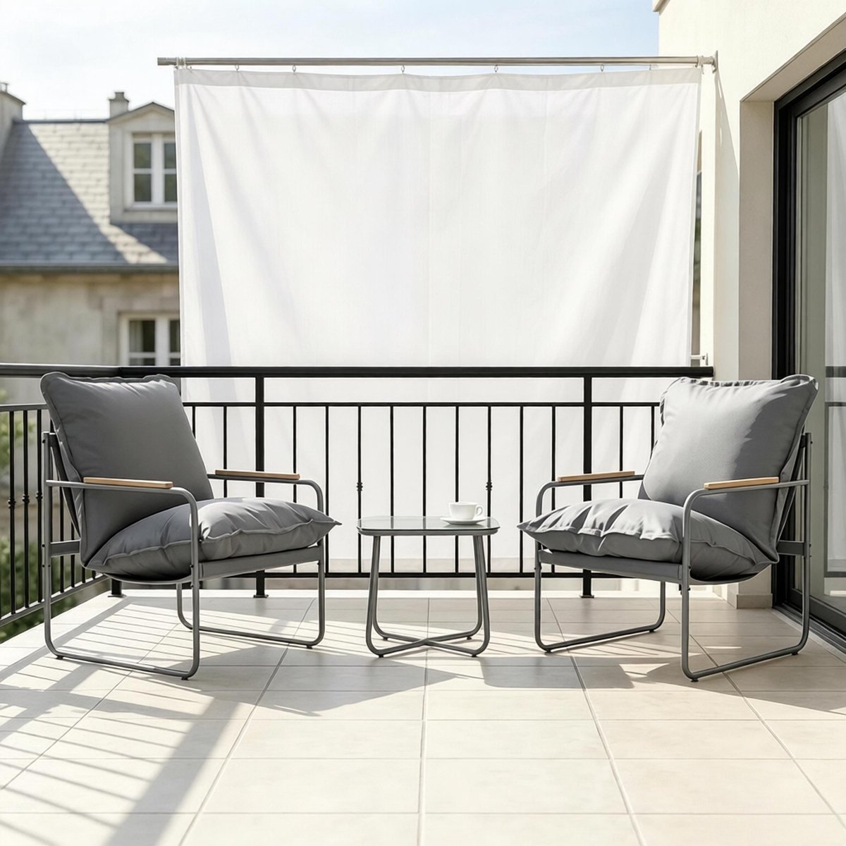 FloraGrace Bistroset - 2 Zitplaatsen Met Kussens En Glazen Tafel - Voor Balkon, Terras En Tuin - Metaal En Glas - Grijs