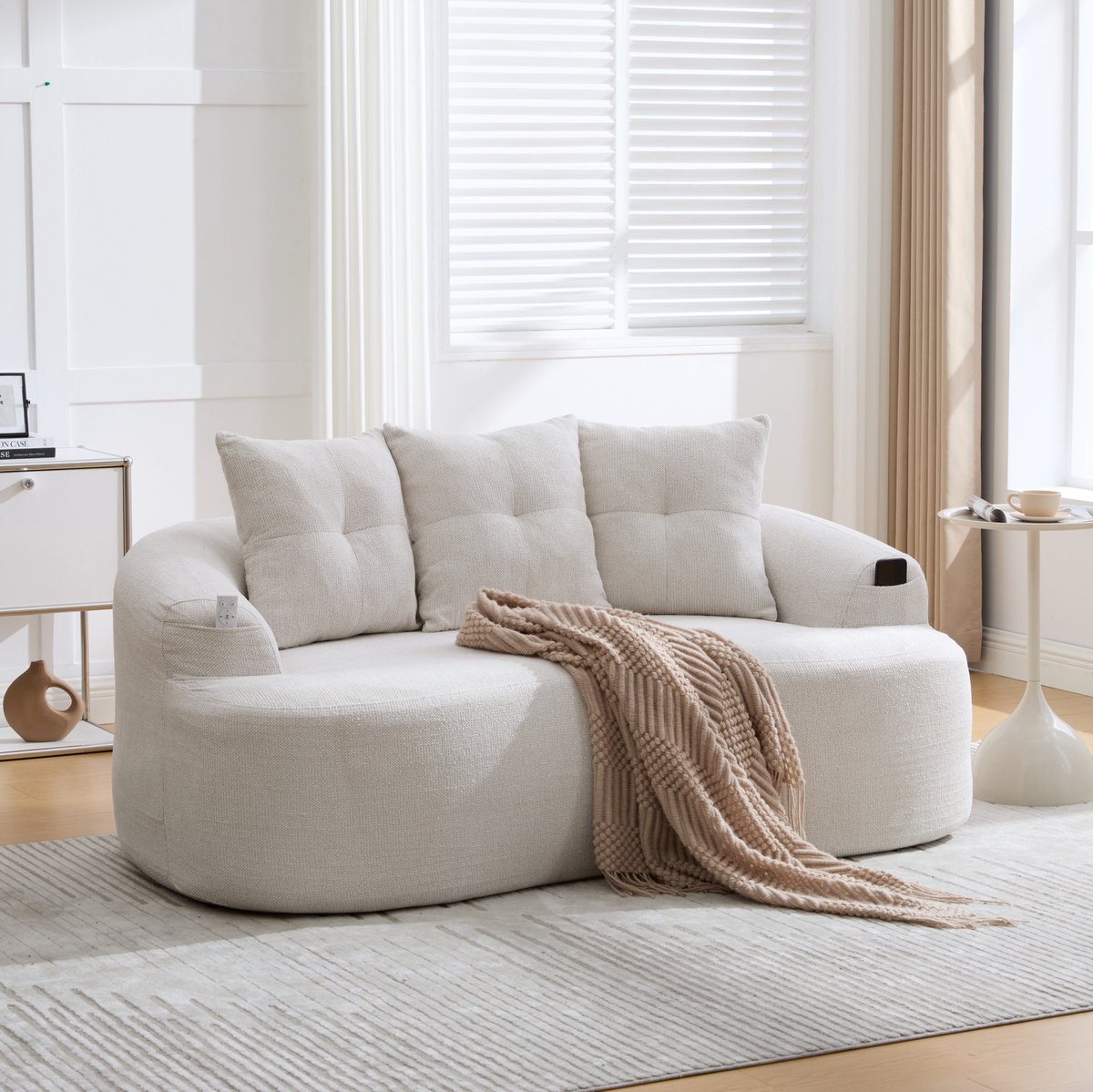 MIVRAY Zitbank 164 cm - Gebogen 2-Zits Sofa Met Diepe Zitting En 3 Sierkussens - Voor Woonkamer En Lounge - Chenille Beige