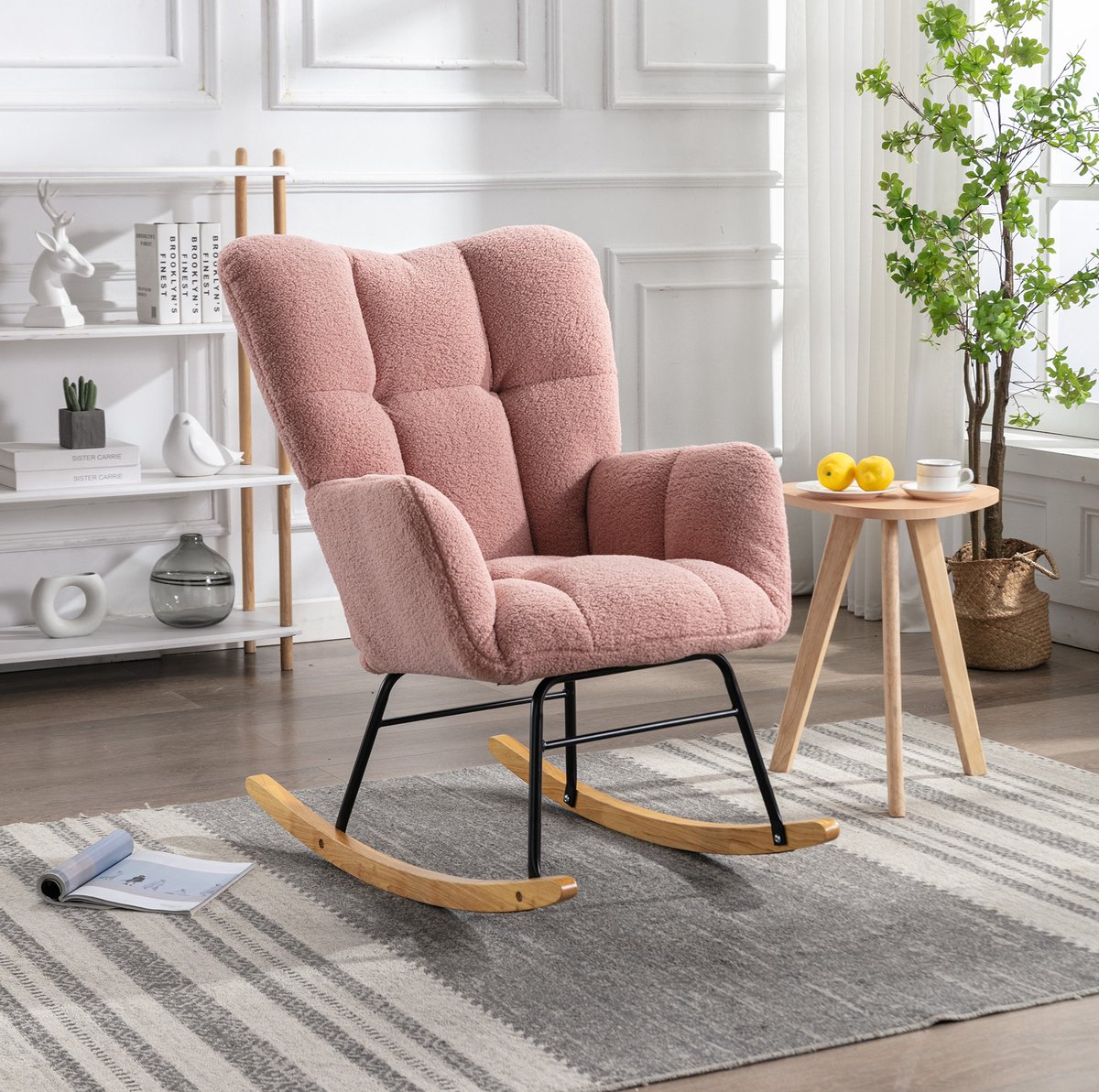 DESMIU Schommelstoel 80 x 70 x 95 Cm - Gewatteerde Zitting Met Hoge Rugleuning En Armleuningen - Voor Woonkamer En Slaapkamer - Teddy Stof Roze