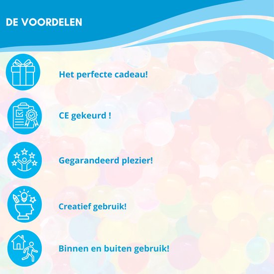 Achtergrond van veelkleurige waterparels met lijst van voordelen: 'Het perfecte cadeau!', 'CE gekeurd!', 'Gegarandeerd plezier!', 'Creatief gebruik!' en 'Binnen en buiten gebruik!'.