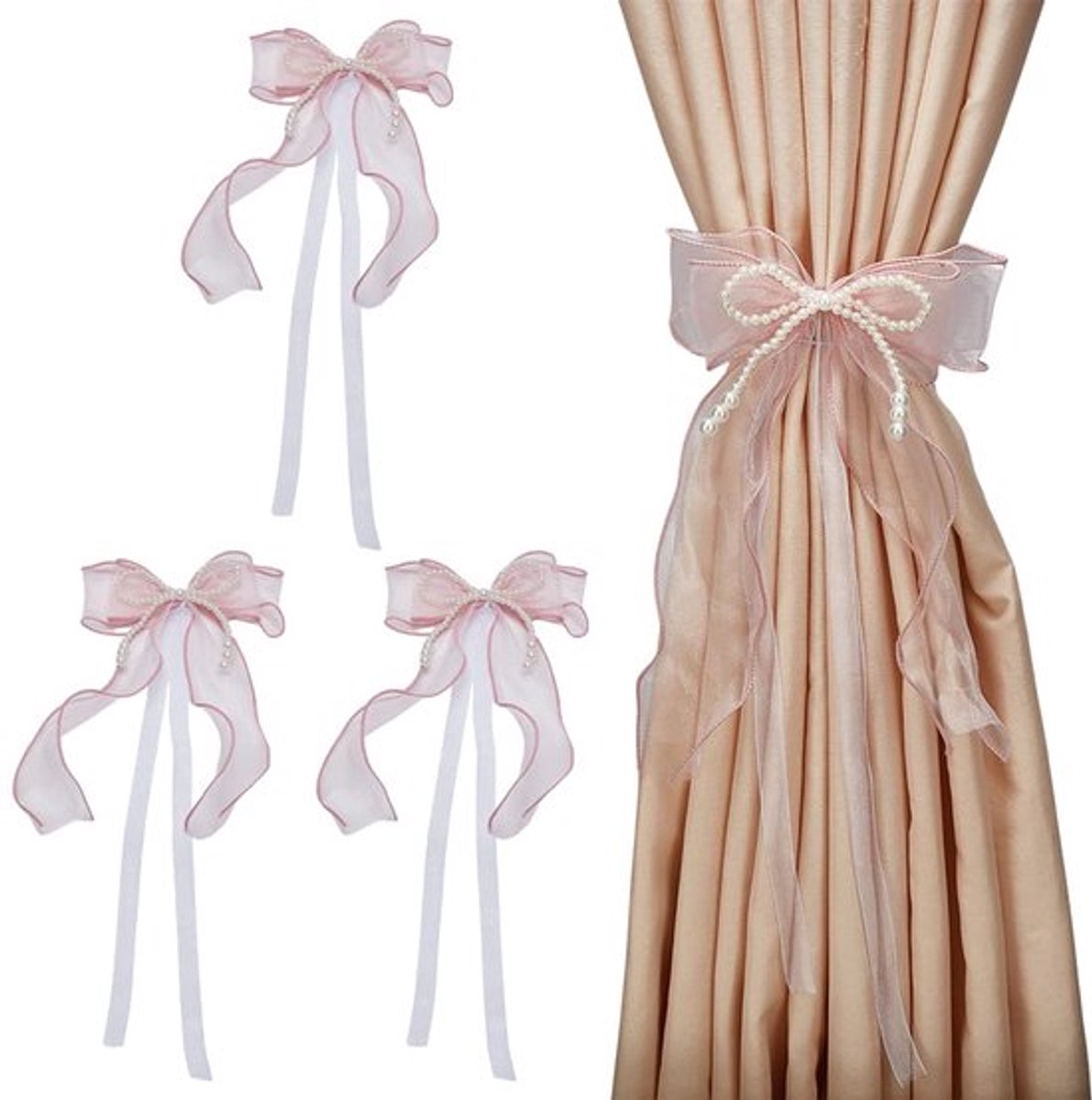 4 stuks strik gordijn binden vlinder gordijn banden met parels mistige roos strik parel gordijn banden strik gordijn terughoudendheid gesp voor gordijn decor gordijn terughoudendheid