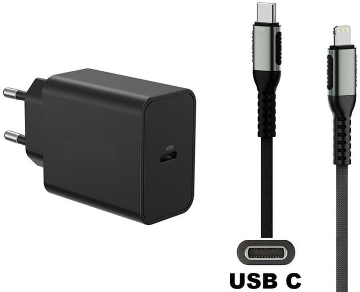 OneOne 45W super snellader + 0,5m OneOne USB C naar Lightning kabel. PD lader. Universele oplader adapter past op Apple iPhone 13, 13 Mini, 13 Pro, 13 Pro Max, iPhone 14, 14 Plus, 14 Pro, 14 Pro Max