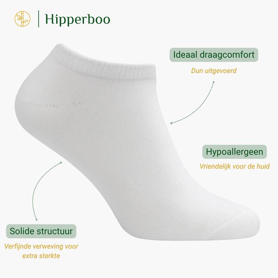 Eén witte Hipperboo enkelsok met tekst 'Ideaal draagcomfort', 'Hypoallergeen' en 'Solide structuur'.