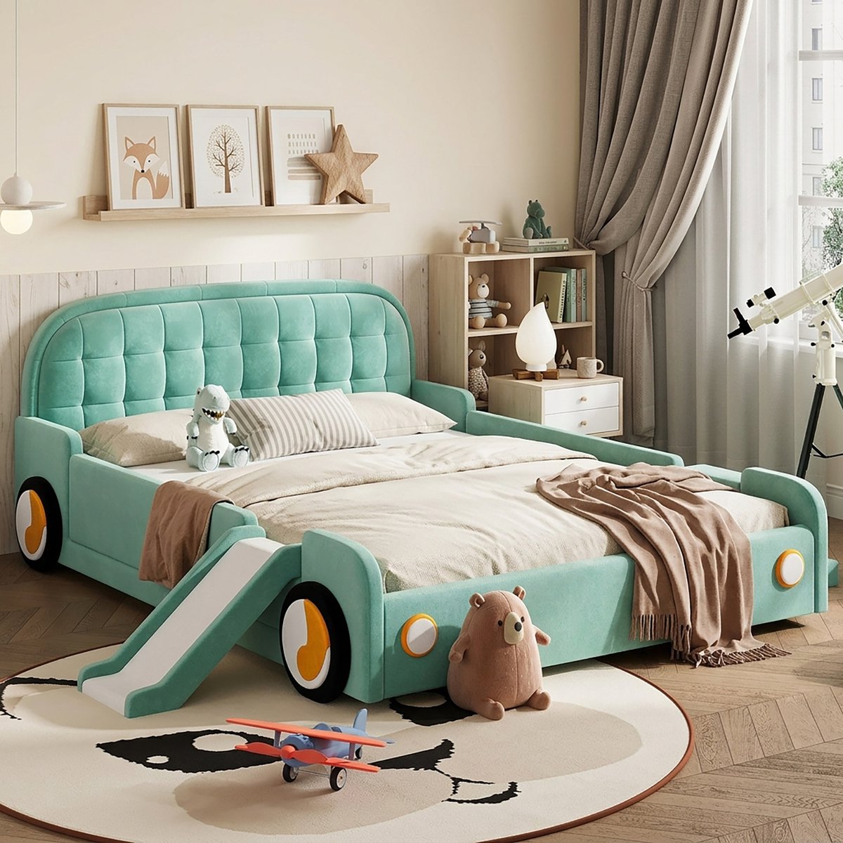 Wishdor Kinderbed 140x200 cm - Autobed met glijbaan en trap - Flexibel links of rechts monteerbaar - Veilige valbescherming - Voor jongens en meisjes - Zacht fluweel - Blauwgroen