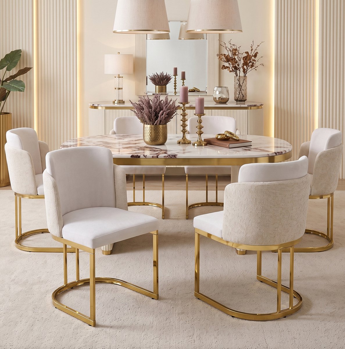 OKWISH Eetkamerstoel - Comfortabele Chenille Bekleding - Set Van 4 Met Armleuningen - Voor Eetkamer, Woonkamer Of Cafe - Metaal - Beige Goud