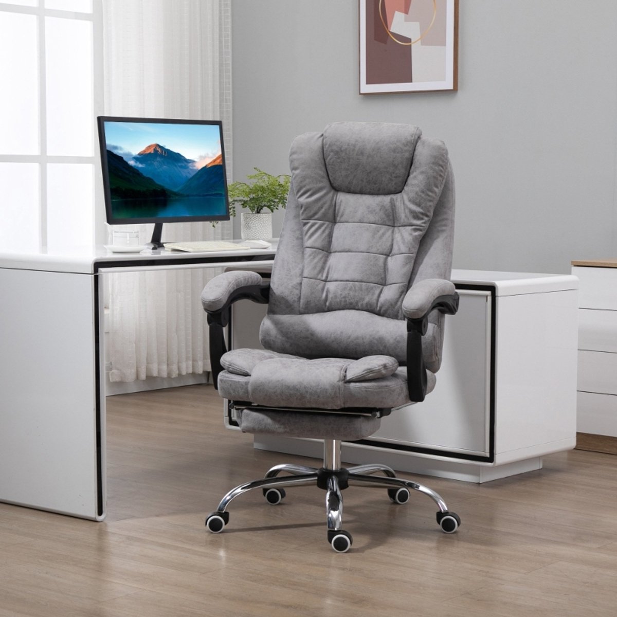 MODENUIT Bureaustoel 65 x 70 x 119 cm - Massage- En Warmtefunctie Met Voetsteun - Voor Thuiskantoor - Microvezel Grijs