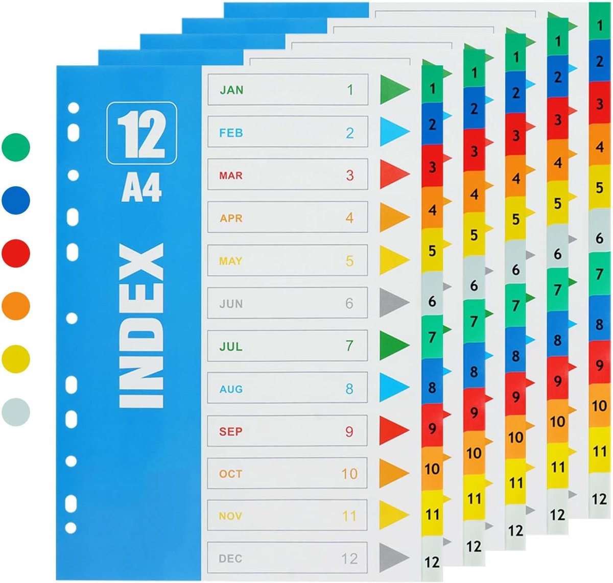 A4 Mapindelers - 5 Stuks, 12 Genummerde Tabs met Meerdere Geperforeerde Verstevigde Kleurtabs (6 Kleuren) voor Organisatie en Archivering