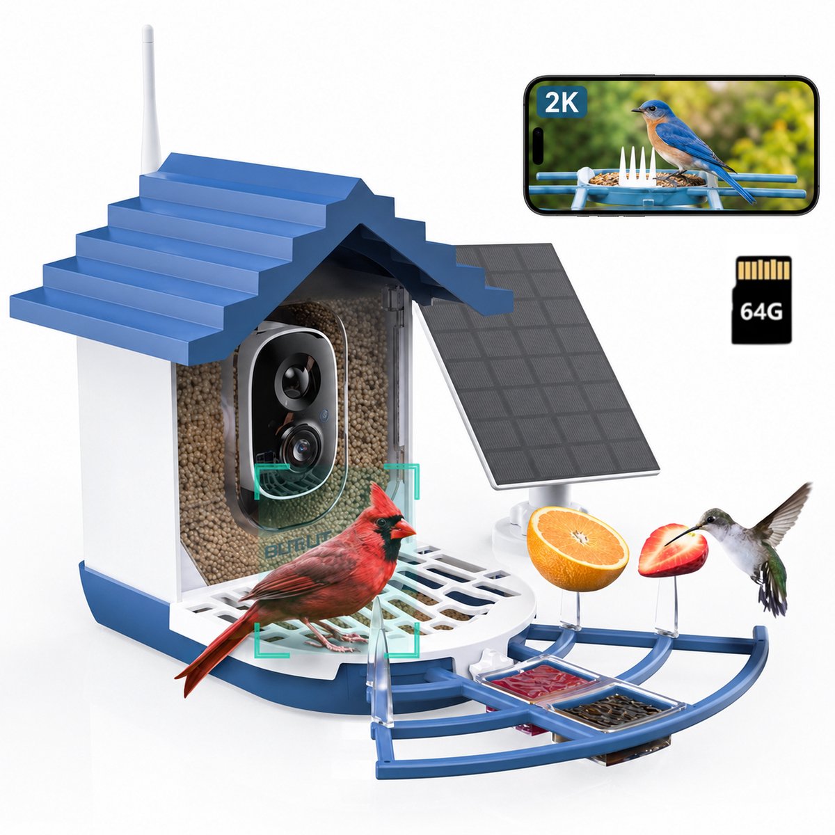 Vogelvoederhuisje - Vogelhuisje met Camera - 2K HD Camera - AI vogelherkenning - Live Videostreaming en Meldingen - Met Zonnepanelen - 64G TF-Karte