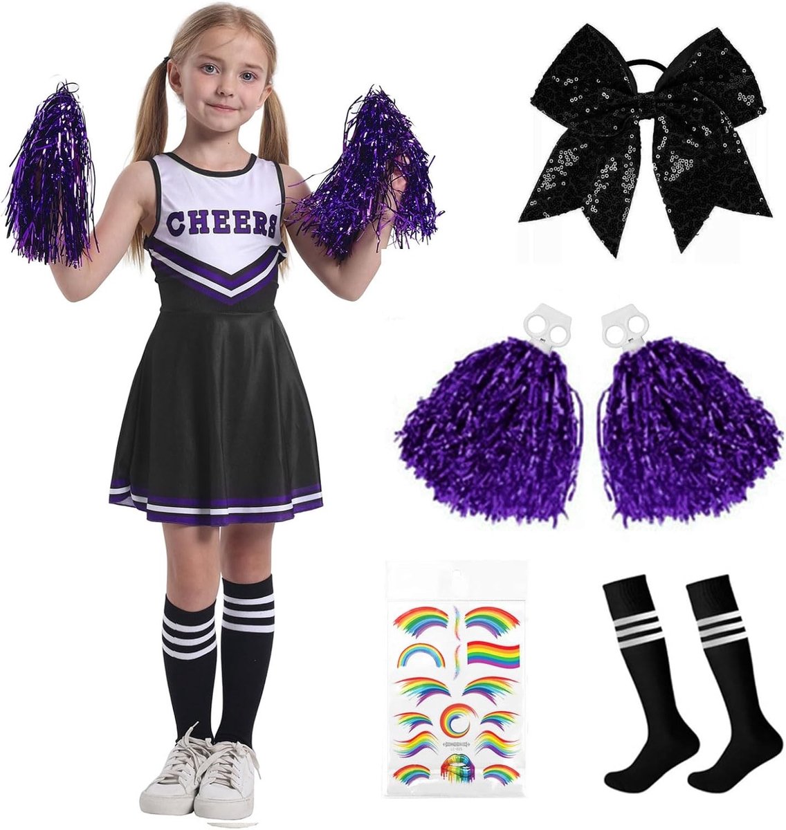 Kinderen Cheerleader Kostuum met Sokken, Pompoms, Strikken en Regenboog Stickers voor Carnaval en Halloween, Perfect voor Feestjes en Theatervoorstellingen