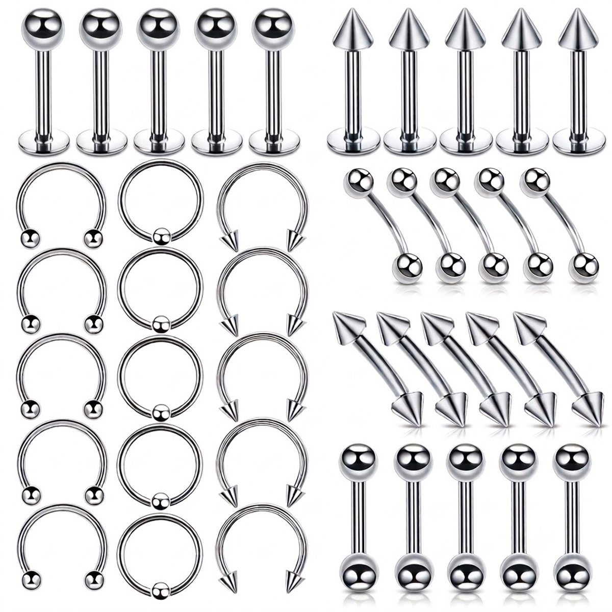 Zilverkleurige helix piercing set unisex body piercing sieraden wenkbrauw piercing tongring neusring lip stud industrial barbell hoefijzer ring 40 stuks roestvrij staal assortiment